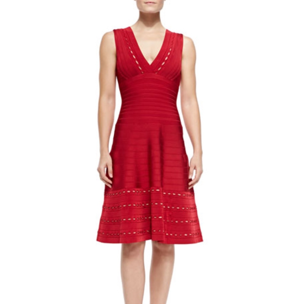 Herve Leger Eyelet-Trim Dress, Lipstick Red